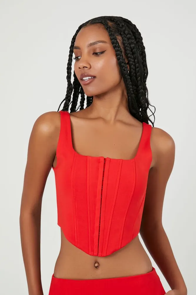 Forever 21 Women's Hook-and-Eye Corset Crop Top in Fiery Red Small
