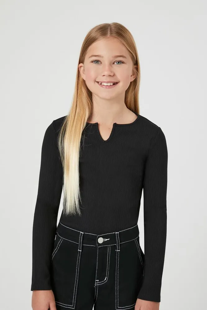 Girls Ribbed Long-Sleeve Bodysuit (Kids) in Black, 13/14