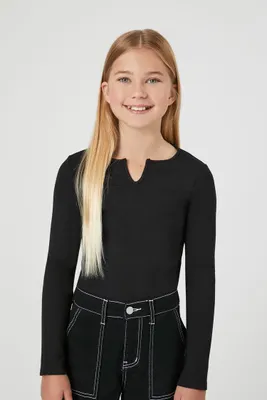 Girls Ribbed Long-Sleeve Bodysuit (Kids) in Black, 13/14