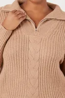 Women's Half-Zip Cable Knit Sweater in Taupe, 1X