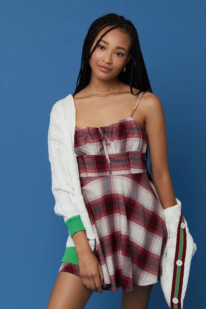 Women's Plaid Mini Cami Dress in Pink/White Small