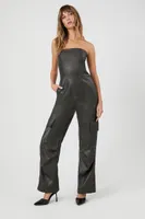 Women's Faux Leather Tube Cargo Jumpsuit in Charcoal, XS