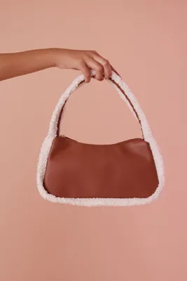 Women's Faux Shearling-Trim Faux Leather Handbag in Brown