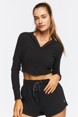 Women's Active Hooded Half-Zip Crop Top in Black, XS