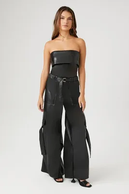 Women's Faux Leather Wide-Leg Cargo Pants in Black Medium