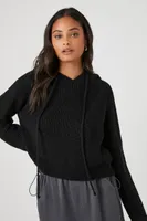 Women's Cable-Knit Drawstring Hoodie in Black, XS