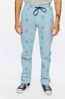 Men Happy Face Corduroy Drawstring Pants Blue