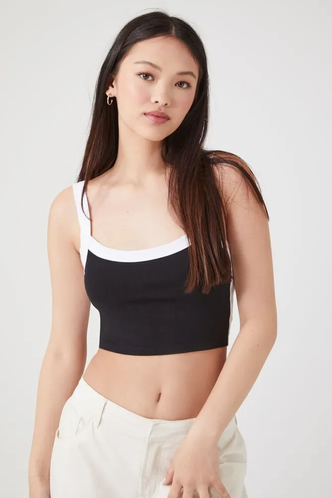 Women's Side-Striped Cropped Tank Top in Black/White Large