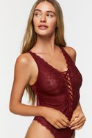 Women's Crisscross Lace Teddy in Sangria Small