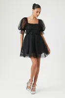 Women's Babydoll Puff-Sleeve Mini Dress in Black Large