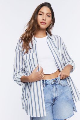 Women's Striped Curved-Hem Shirt in White/Navy Small