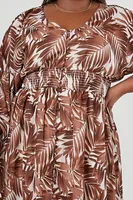 Women's Leaf Print Button-Front Dress in Brown, 1X