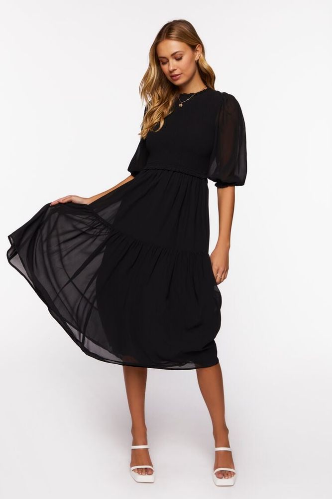 Women's Smocked Chiffon Peasant-Sleeve Dress in Black Medium