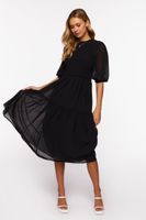 Women's Smocked Chiffon Peasant-Sleeve Dress in Black Medium