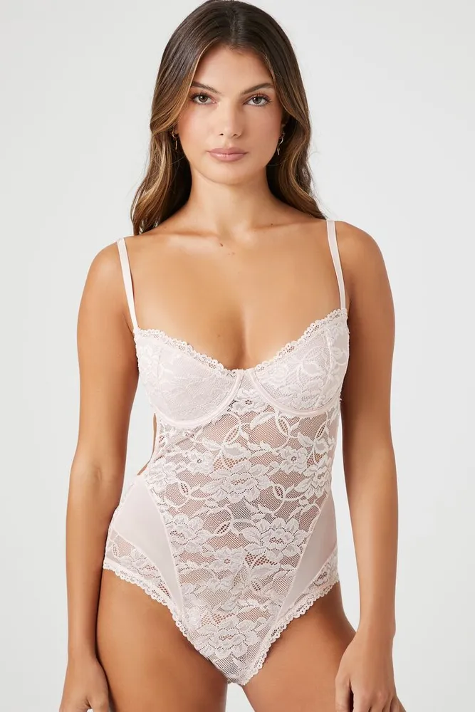 Forever 21 Women's Sheer Lace Lingerie Bodysuit in Nude Pink