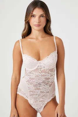 Women's Sheer Lace Lingerie Bodysuit in Nude Pink Small
