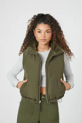 Women's Zip-Up Toggle Drawstring Vest in Olive Small