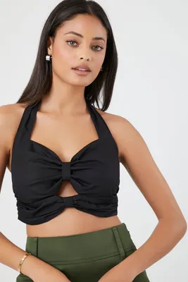 Women's Poplin Bow Halter Crop Top Black