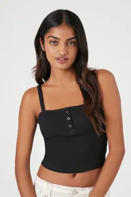 Women's Ribbed Half-Button Cropped Cami in Black, XS