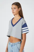 Women's Striped Cropped T-Shirt in Grey/Navy Small