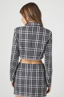 Women's Plaid Rhinestone-Trim Cropped Blazer in Black Medium