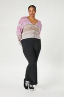 Women's Fuzzy Striped Cardigan Sweater in Pink, 0X