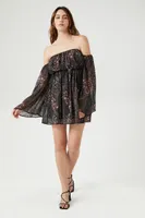 Women's Paisley Print Off-the-Shoulder Mini Dress in Black Medium