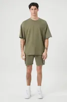 Men Mineral Wash Drawstring Shorts in Light Olive Large