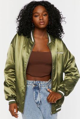 Women's Satin Embroidered Bomber Jacket in Olive/White Medium