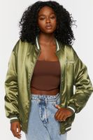 Women's Satin Embroidered Bomber Jacket in Olive/White Medium