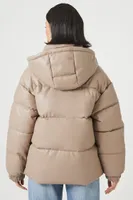 Women's Faux Leather Zip-Up Puffer Jacket in Taupe Small