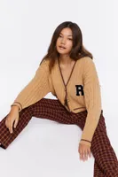 Women's Cropped Varsity Cardigan Sweater in Tan/Brown Medium