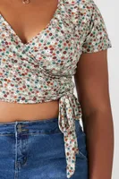 Women's Floral Wrap Crop Top in Jade, 2X