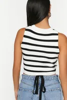 Women's Striped Strappy Sleeveless Crop Top in Black/White, XL