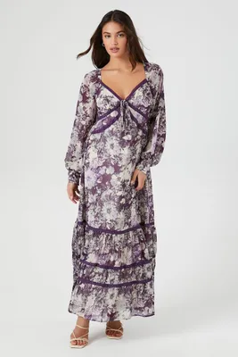 Women's Chiffon Floral Tiered Maxi Dress in Purple Medium