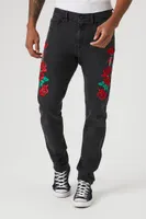 Men Embroidered Rose Skinny Jeans in Black, 33