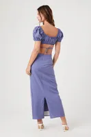 Women's Pin Dot Crop Top & Maxi Skirt Set in Blue Large