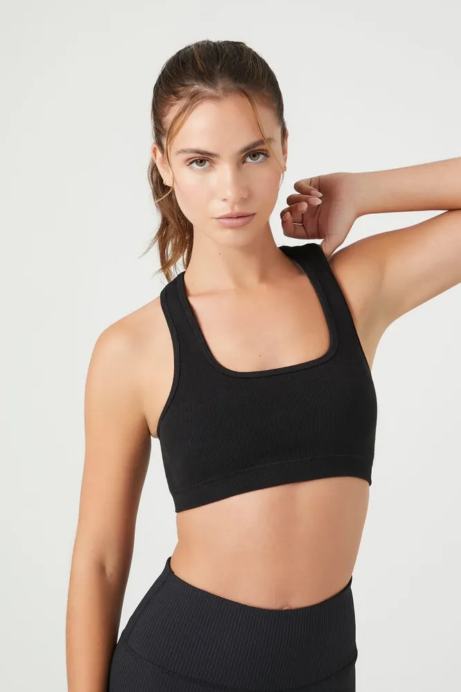 Forever 21 Women's Seamless Square-Neck Sports Bra in Black Large