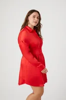 Women's Satin Mini Shirt Dress in Fiery Red, 3X