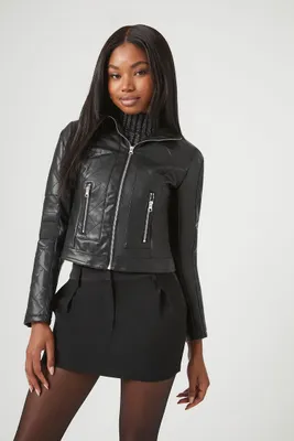 Women's Quilted Faux Leather Moto Jacket in Black Small