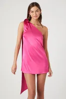 Women's Satin Rosette One-Shoulder Mini Dress in Fuchsia Large