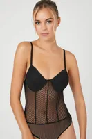 Women's Sheer Chevron Sweetheart Bodysuit in Black Small