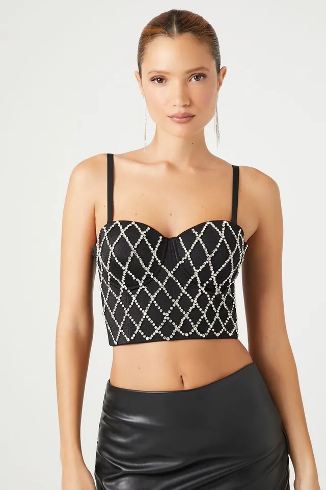 Forever 21 Women's Rhinestone Bustier Cropped Cami in Black, S/M