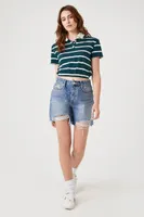 Women's Striped Cropped Polo Shirt in Teal Medium