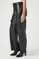 Women's Faux Leather Straight Cargo Pants in Black, XS