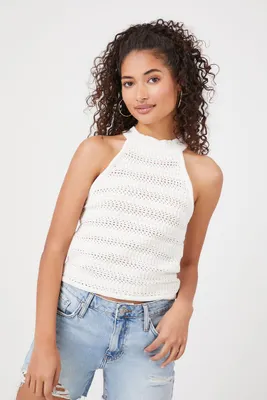 Women's Crochet Sweater-Knit Top in White Small