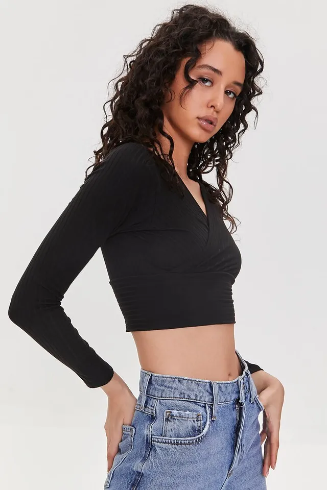 Forever 21 Women's Ribbed Surplice Crop Top in Black Medium