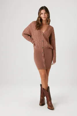 Women's Cable Knit Sweater Mini Dress in Taupe, XL