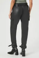 Women's Faux Leather Tie-Waist Cargo Pants Black