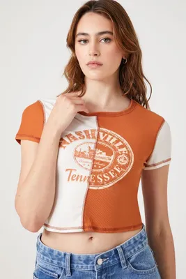 Women's Colorblock Nashville Cropped T-Shirt in Orange/White, XL